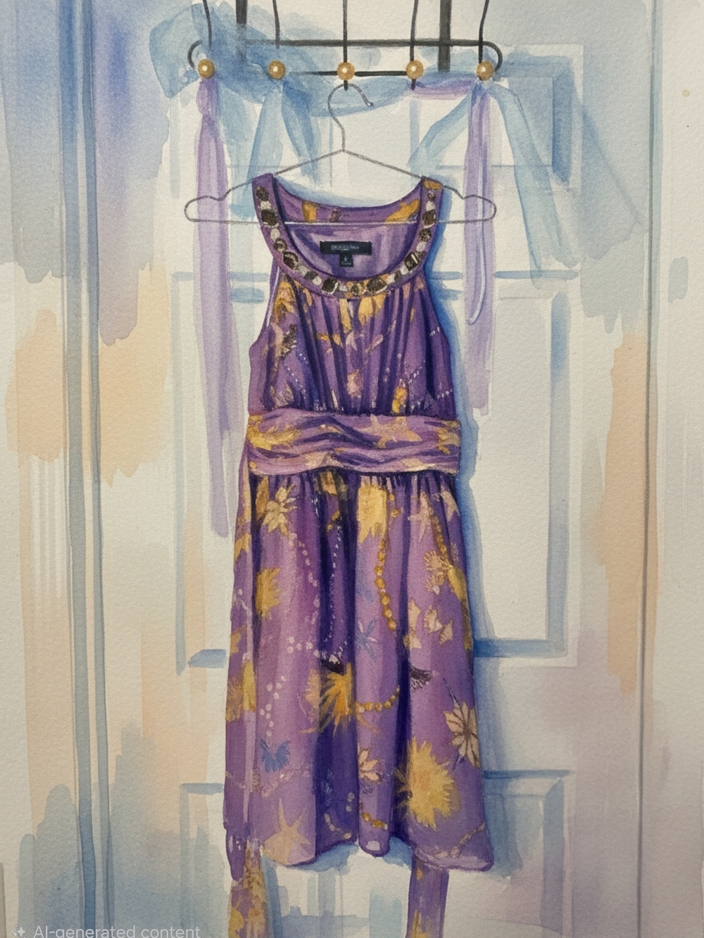 Nine West Purple Dress with Gold Floral Print and Beaded Neckline